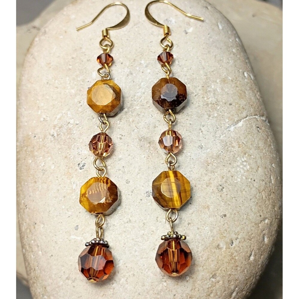 Tiger Eye Gemstone Amber Crystal Faceted Dangle Earrings Gold Plated
